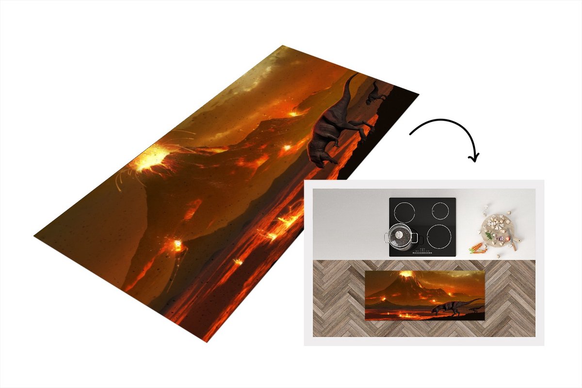 KitchenYeah Keukenloper - Loper keuken - Dino - Vulkaan - Lava - Illustratie - 120x50 cm - Keukenloper vinyl Multicolor