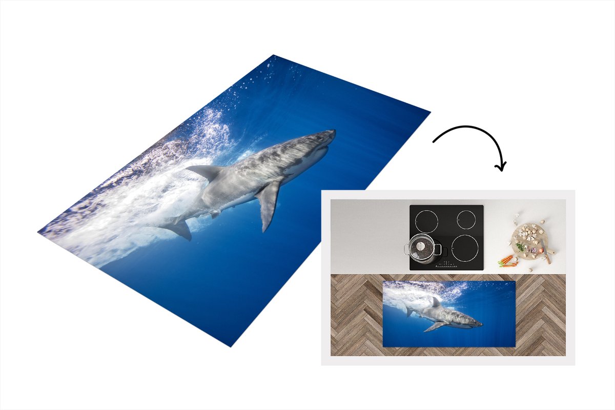 KitchenYeah Keukenloper - Loper keuken - Haai - Zee - Water - 120x60 cm - Keukenloper vinyl Multicolor
