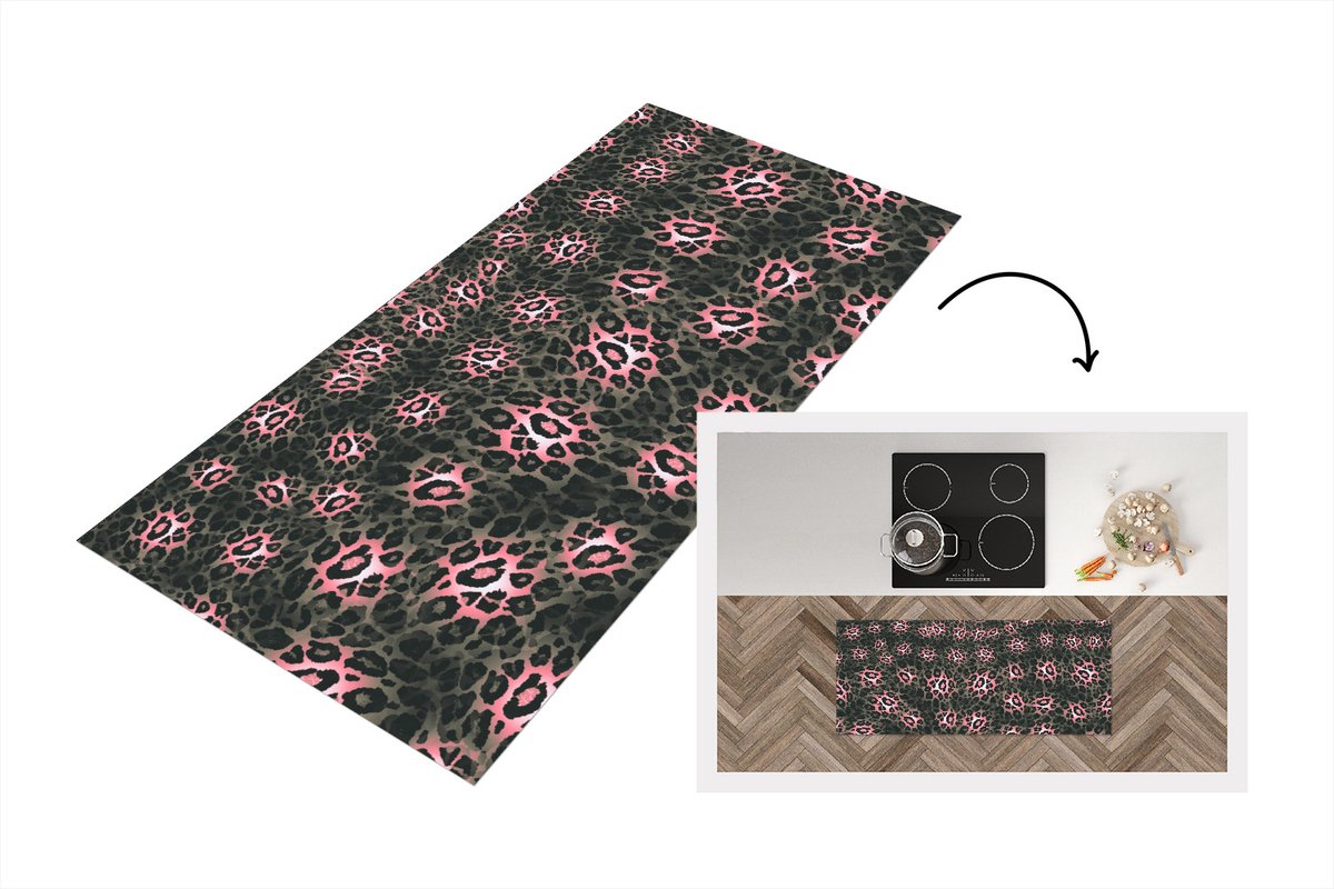 KitchenYeah Keukenloper - Loper keuken - Panterprint - Roze - Grijs - Patronen - Keukenloper vinyl Multicolor