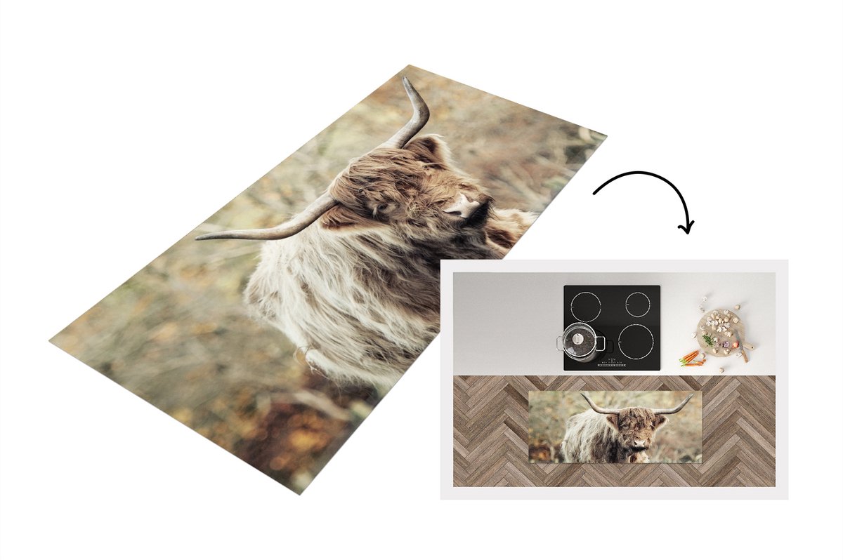 KitchenYeah Keukenloper - Loper keuken - Schotse Hooglander Stier - Natuur - Herfst - 120x50 cm - Keukenloper vinyl Multicolor
