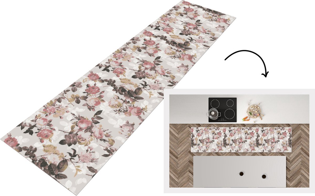KitchenYeah Keukenloper - Loper keuken - Patroon - Bloem - Roze - 200x50 cm - Keukenloper vinyl Multicolor