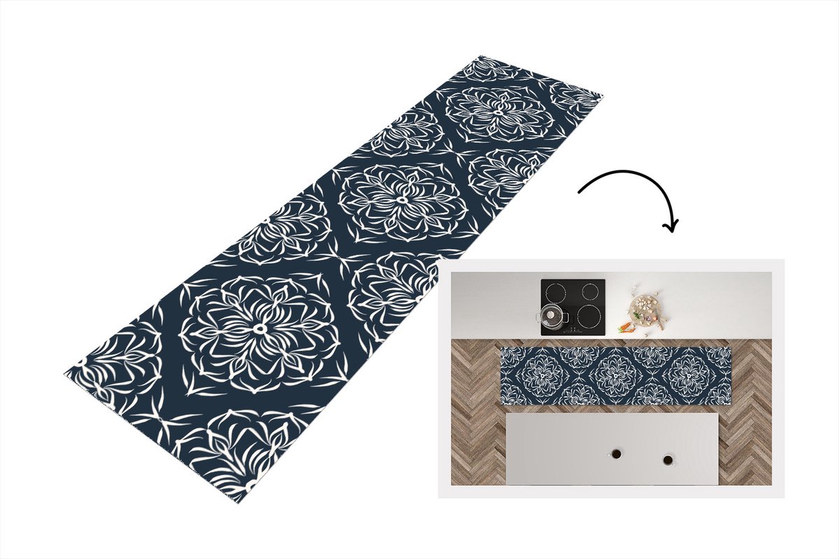 KitchenYeah Keukenloper - Loper keuken - Patroon - Bloem - Donkerblauw - 240x60 cm - Keukenloper vinyl Multicolor