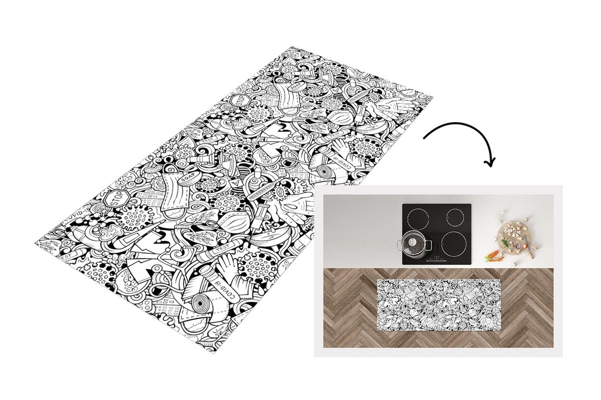 KitchenYeah Keukenloper - Loper keuken - Patroon - Corona - Zwart Wit - Keukenloper vinyl