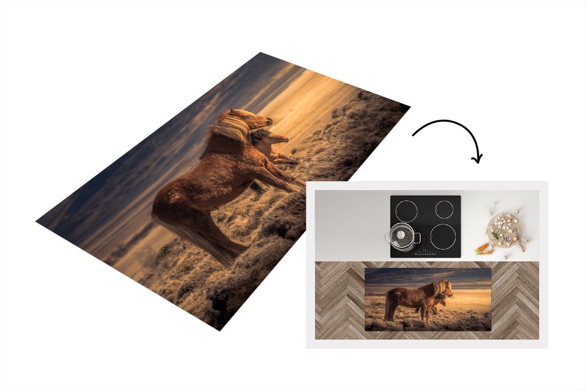 KitchenYeah Keukenloper - Loper keuken - Twee IJslander paarden bij zonsondergang - 120x60 cm - Keukenloper vinyl Multicolor
