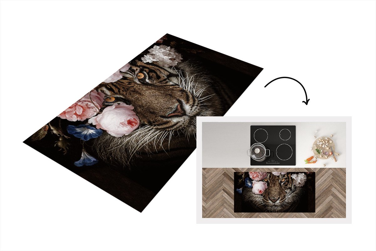 KitchenYeah Keukenloper - Loper keuken - Tijger - Bloemen - Dierenkop - 120x60 cm - Keukenloper vinyl Multicolor