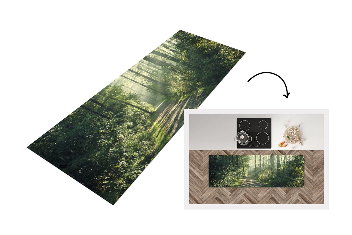 KitchenYeah Keukenloper - Loper keuken - Bos - Pad - Zon - 150x50 cm - Keukenloper vinyl Multicolor