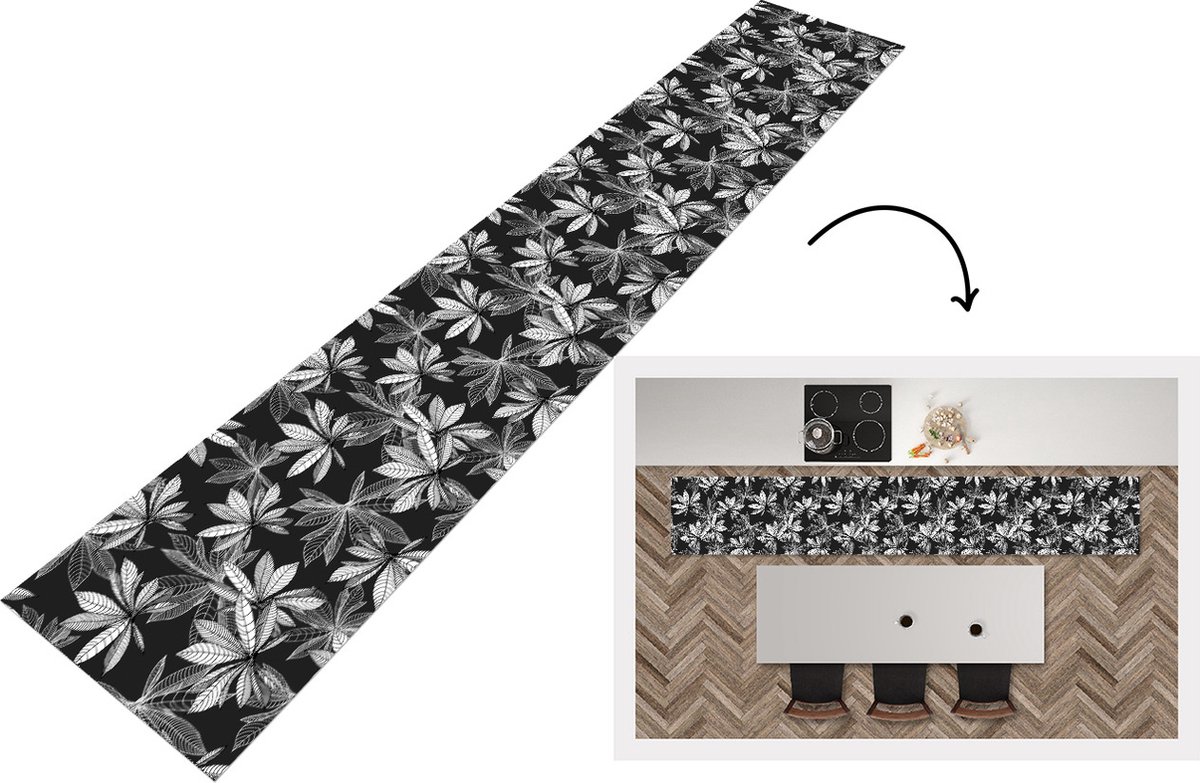 KitchenYeah Keukenloper - Loper keuken - Zwart - Wit - Patronen - Bladeren - Natuur - Keukenloper vinyl, foto 7