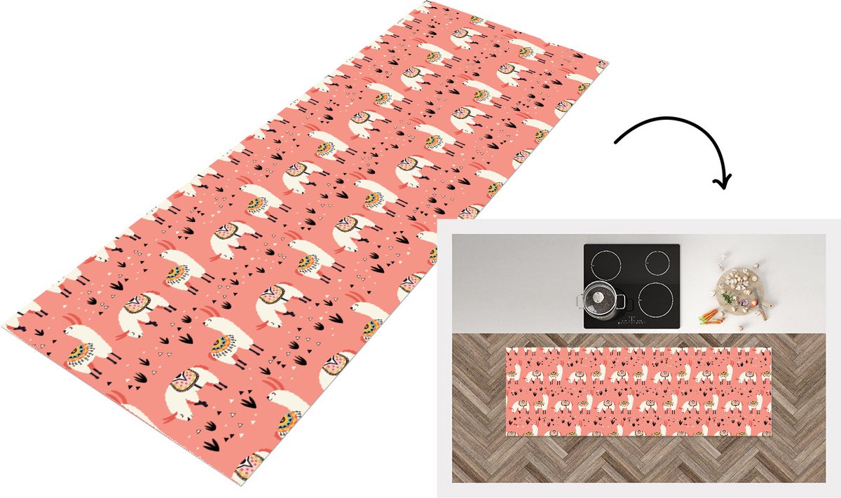 KitchenYeah Keukenloper - Loper keuken - Lama - Kinderen - Roze - Patroon - 180x60 cm - Keukenloper vinyl Multicolor