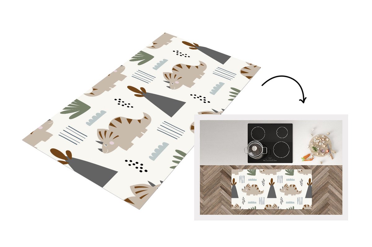 KitchenYeah Keukenloper - Loper keuken - Jongens - Kinderen - Patroon - Dinosaurus - 120x60 cm - Keukenloper vinyl Multicolor