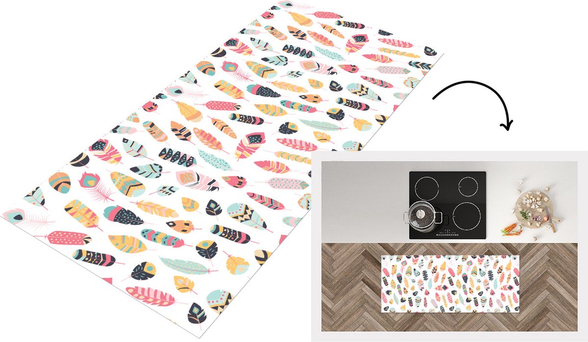 KitchenYeah Keukenloper - Loper keuken - Veren - Pluimen - Patronen - Pastel - 120x50 cm - Keukenloper vinyl Multicolor