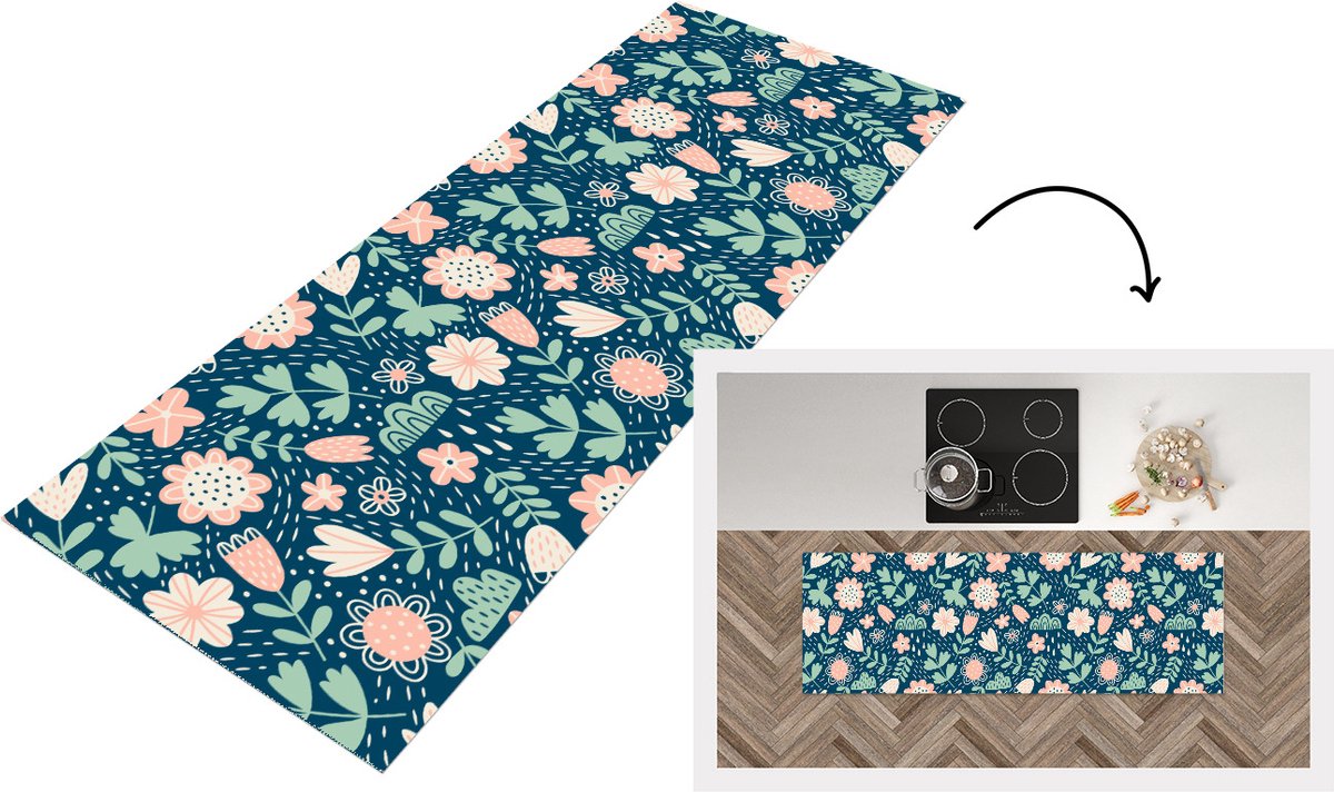 KitchenYeah Keukenloper - Loper keuken - Bloemen - Patroon - Planten - 180x60 cm - Keukenloper vinyl Multicolor