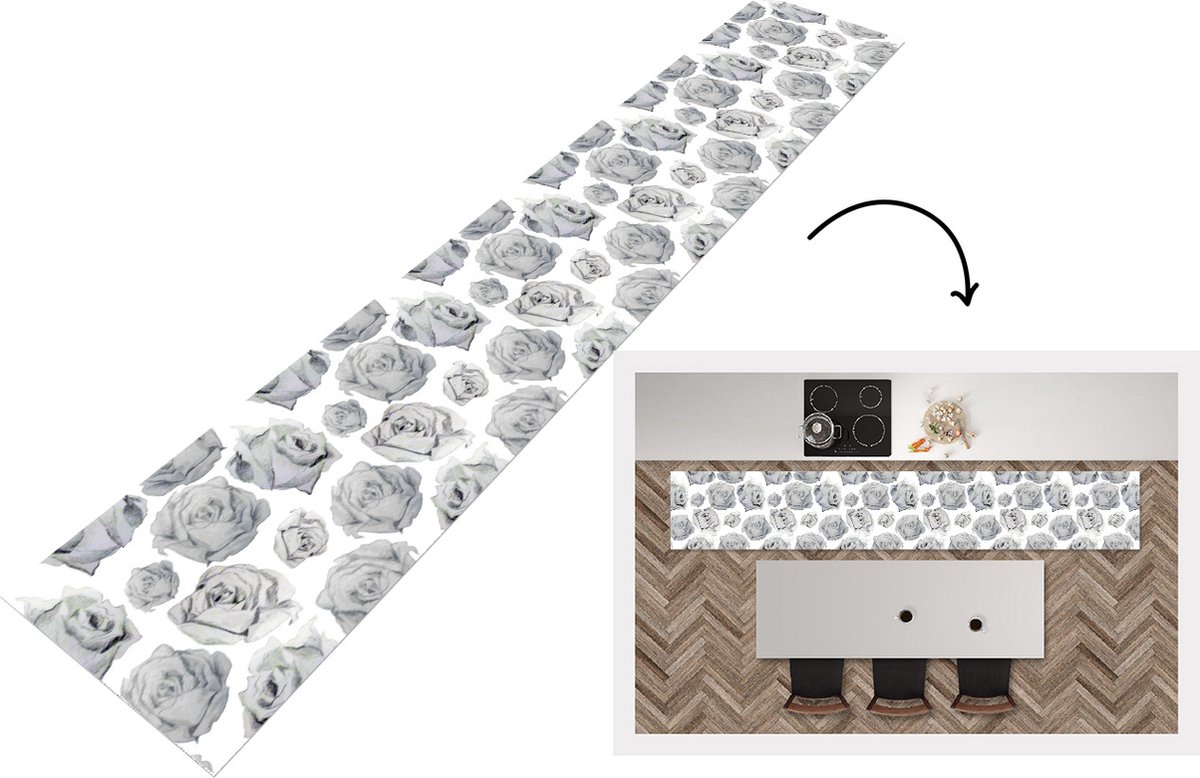 KitchenYeah Keukenloper - Loper keuken - Rozen - Bloem - Zwart Wit - Patroon - 300x50 cm - Keukenloper vinyl