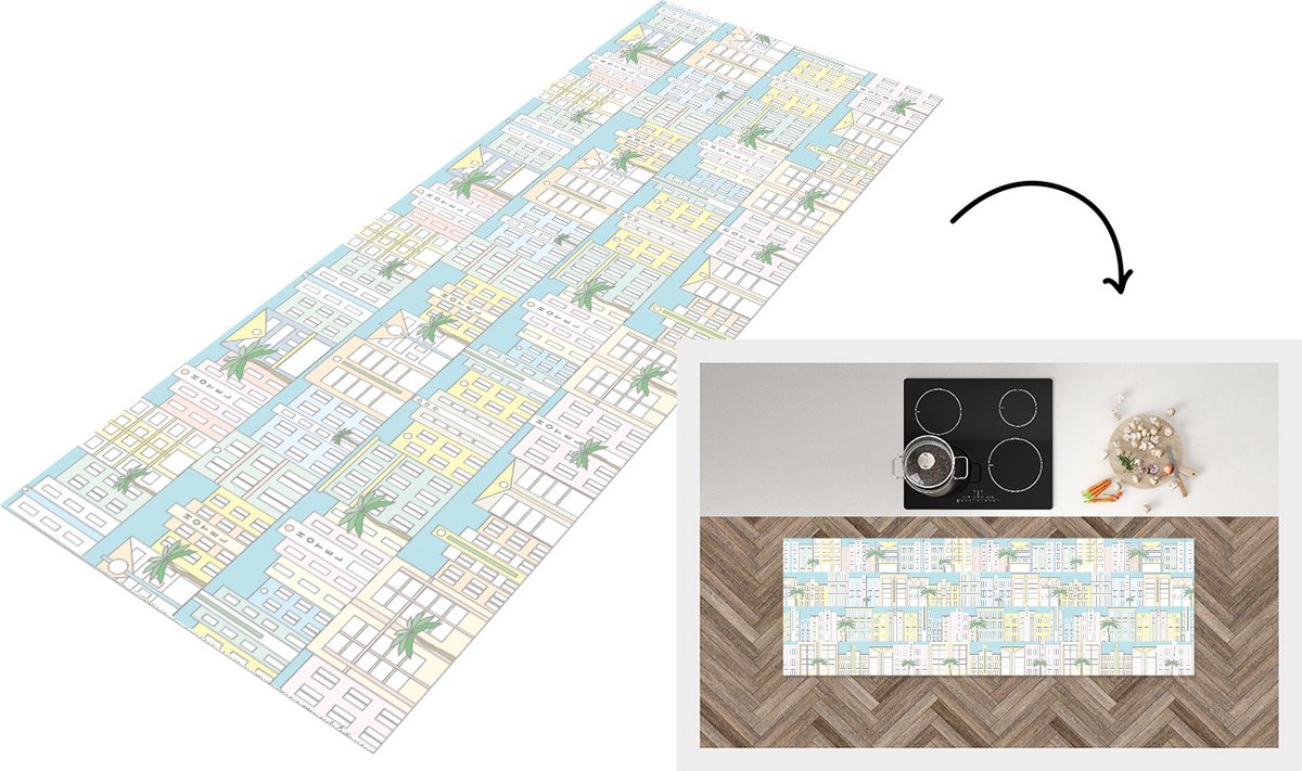 KitchenYeah Keukenloper - Loper keuken - Miami - Skyline - Patroon - USA - 180x60 cm - Keukenloper vinyl Multicolor