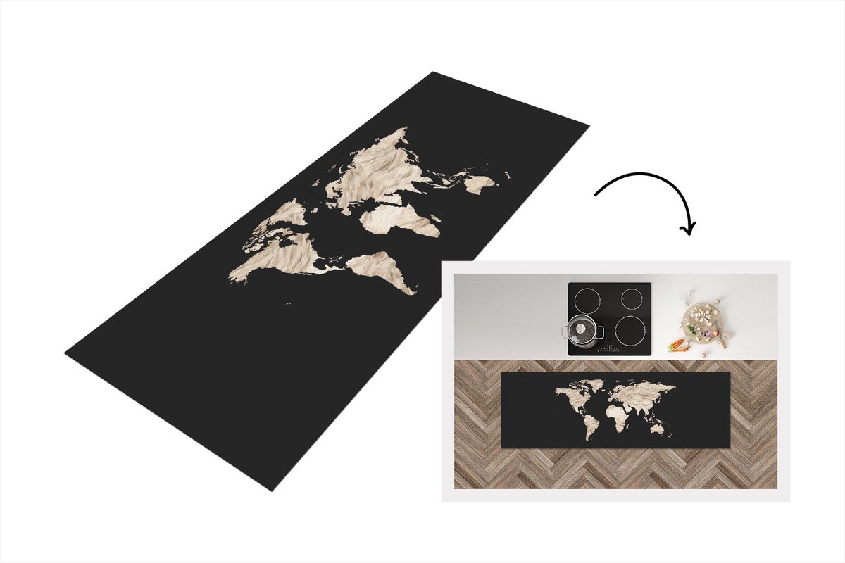 KitchenYeah Keukenloper - Loper keuken - Wereldkaart - Verf - Zwart - 180x60 cm - Keukenloper vinyl Multicolor