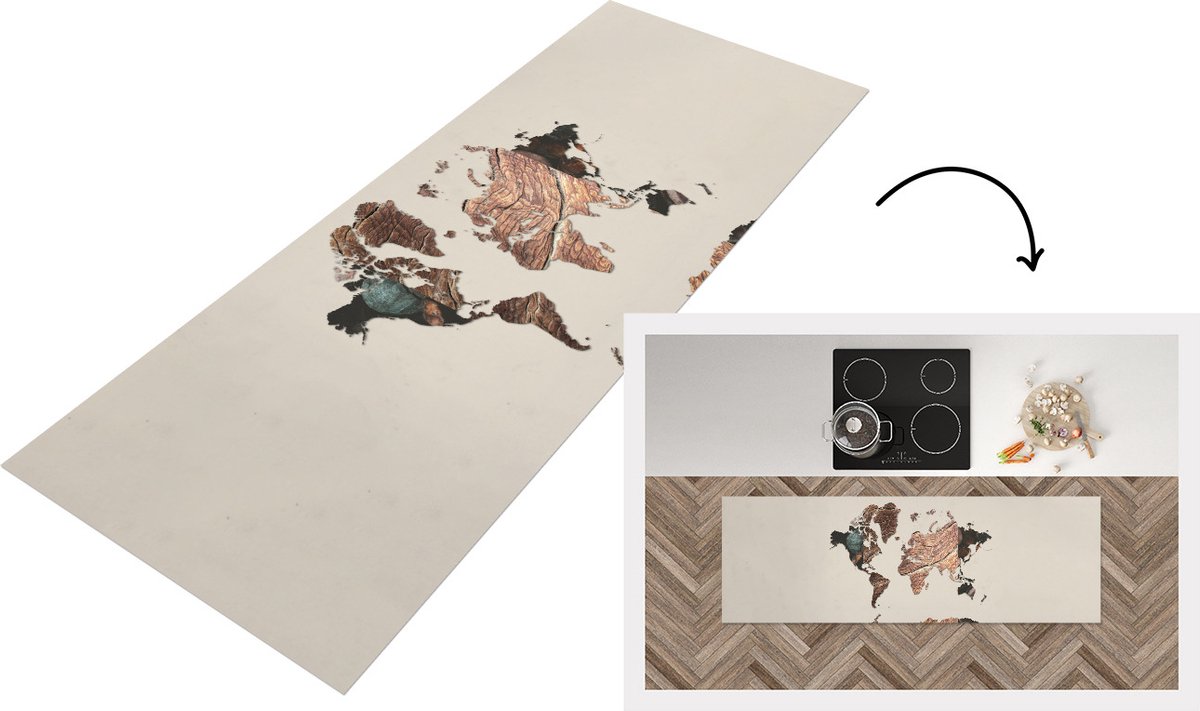 KitchenYeah Keukenloper - Loper keuken - Wereldkaart - Boom - Natuur - Keukenloper vinyl Multicolor