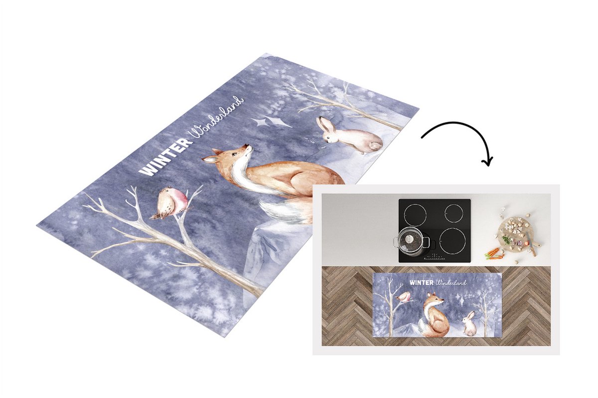 KitchenYeah Keukenloper - Loper keuken - Winter - Vos - Konijn - Vogel - 120x60 cm - Keukenloper vinyl Multicolor