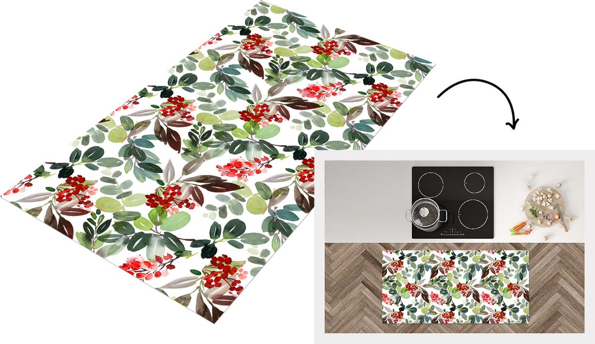 KitchenYeah Keukenloper - Loper keuken - Planten - Waterverf - Bessen - 120x60 cm - Keukenloper vinyl Multicolor