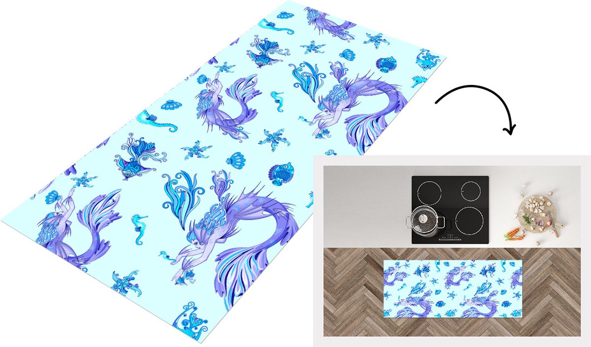 KitchenYeah Keukenloper - Loper keuken - Patronen - Vis - Zeemeermin - Mermaid - 120x50 cm - Keukenloper vinyl Multicolor