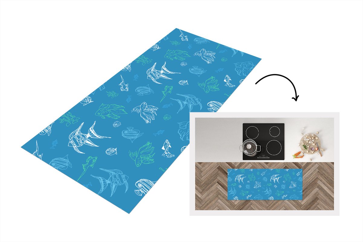KitchenYeah Keukenloper - Loper keuken - Vissen - Pastel - Patronen - Zee - 120x50 cm - Keukenloper vinyl Multicolor