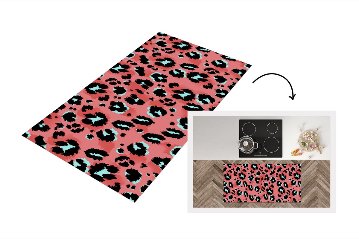 KitchenYeah Keukenloper - Loper keuken - Panterprint - Roze - Blauw - Patroon - 120x60 cm - Keukenloper vinyl Multicolor