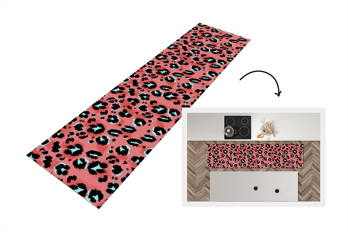 KitchenYeah Keukenloper - Loper keuken - Panterprint - Roze - Blauw - Patroon - 200x50 cm - Keukenloper vinyl Multicolor