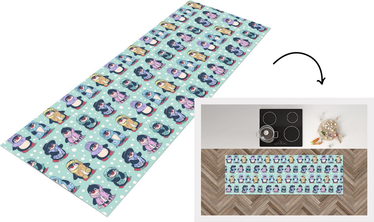 KitchenYeah Keukenloper - Loper keuken - Design - Winter - Pinguïn - 150x50 cm - Keukenloper vinyl Multicolor