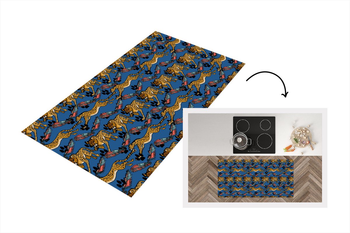 KitchenYeah Keukenloper - Loper keuken - Patroon - Cheetah - Veren - 120x60 cm - Keukenloper vinyl Multicolor