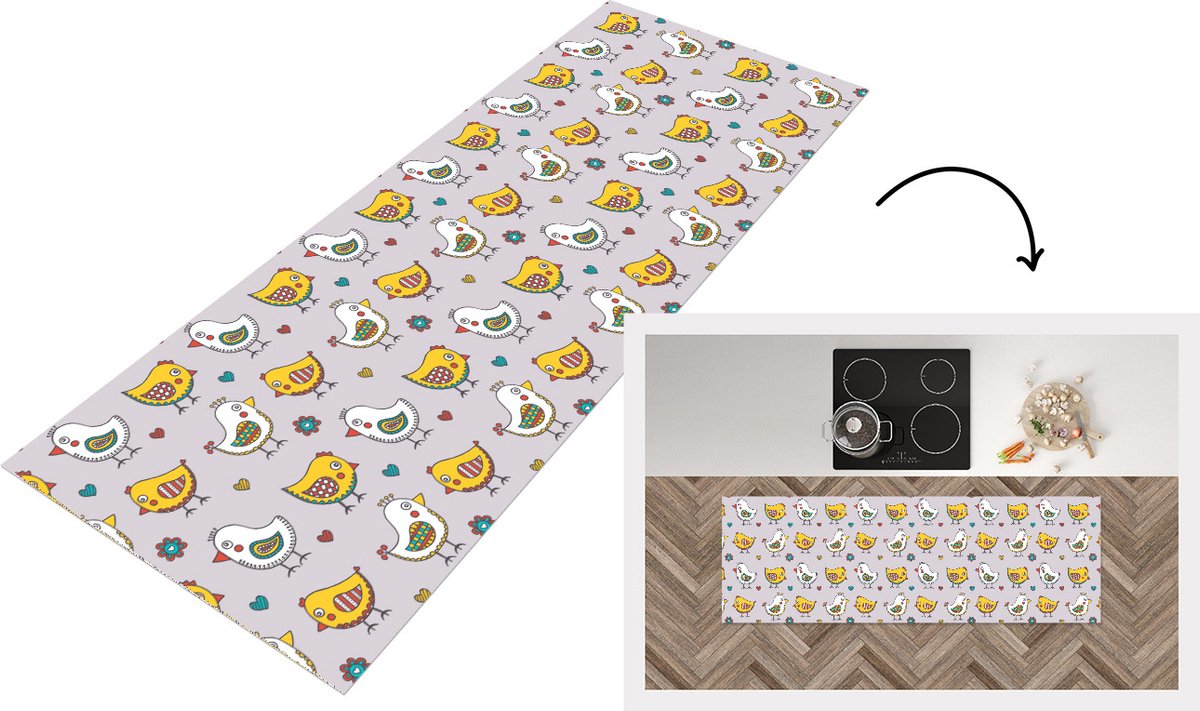 KitchenYeah Keukenloper - Loper keuken - Patroon - Vogel - Kip - 150x50 cm - Keukenloper vinyl Multicolor