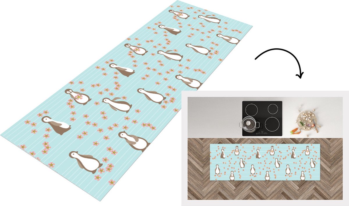 KitchenYeah Keukenloper - Loper keuken - Bloemen - Design - Pinguïn - 150x50 cm - Keukenloper vinyl Multicolor
