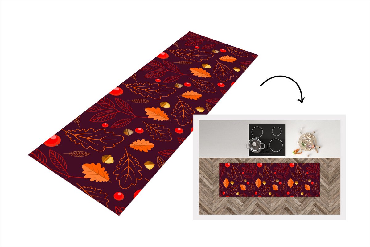 KitchenYeah Keukenloper - Loper keuken - Patronen - Herfst - Blaadjes - 150x50 cm - Keukenloper vinyl Multicolor