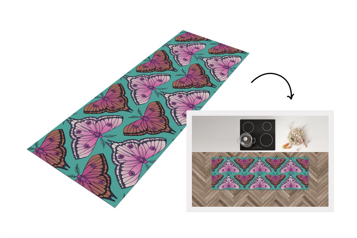 KitchenYeah Keukenloper - Loper keuken - Meisje - Motten - Insecten - Patronen - 180x60 cm - Keukenloper vinyl Multicolor