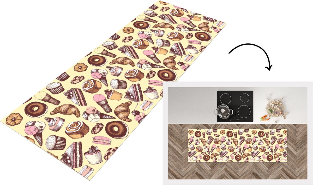 KitchenYeah Keukenloper - Loper keuken - Meisje - Eten - Taart - Patronen - 180x60 cm - Keukenloper vinyl Multicolor