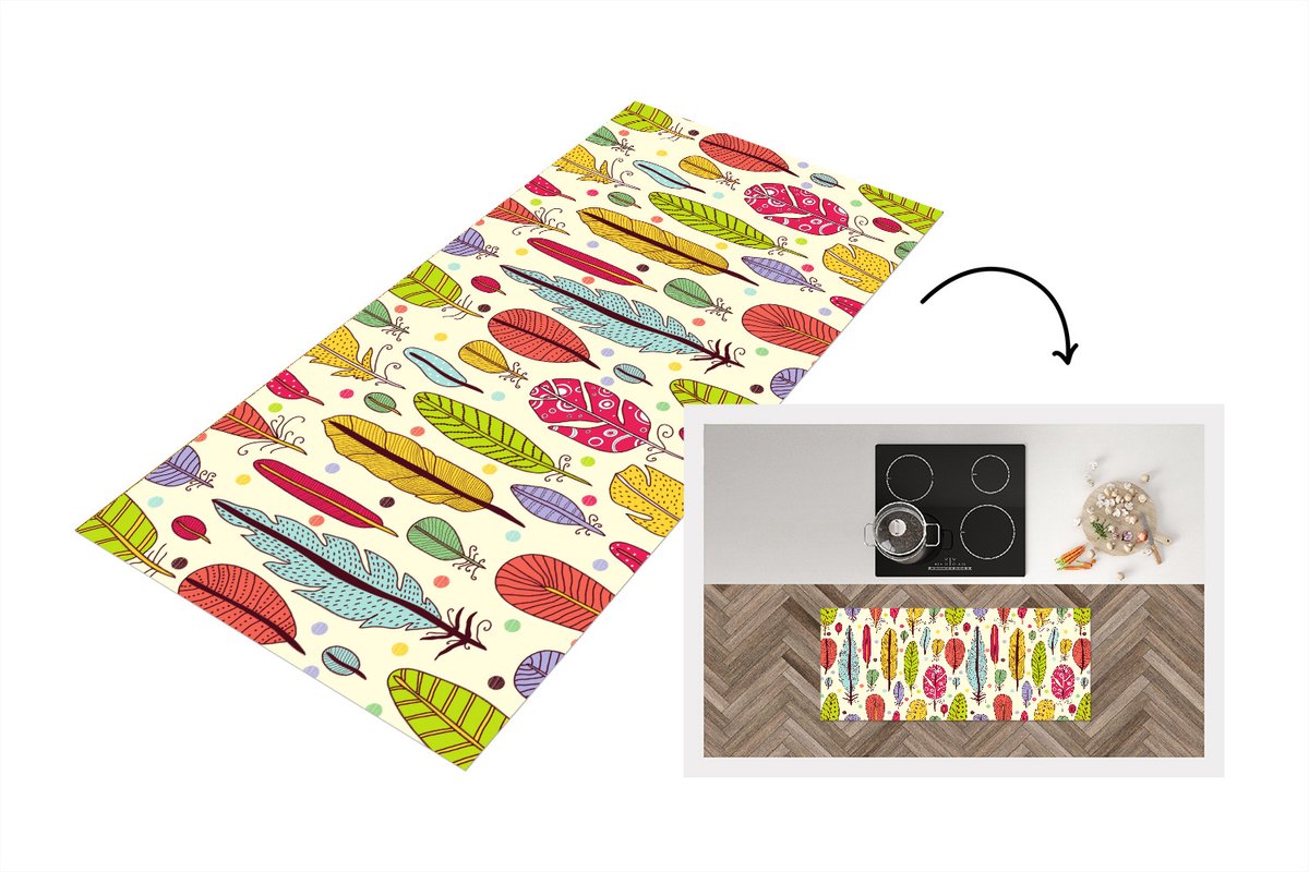 KitchenYeah Keukenloper - Loper keuken - Patroon - Veren - Kleuren - 120x50 cm - Keukenloper vinyl Multicolor