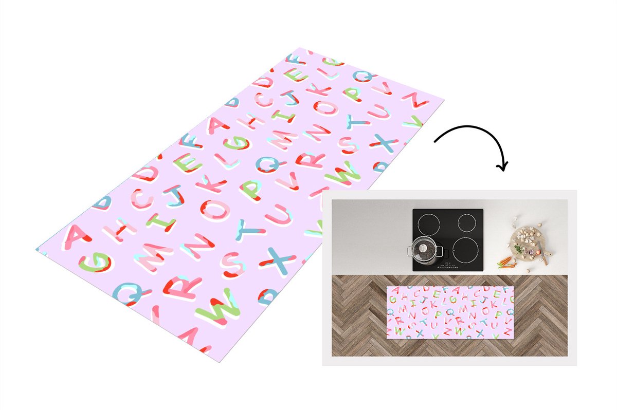 KitchenYeah Keukenloper - Loper keuken - Alfabet - Letters - Patroon - 120x50 cm - Keukenloper vinyl Multicolor