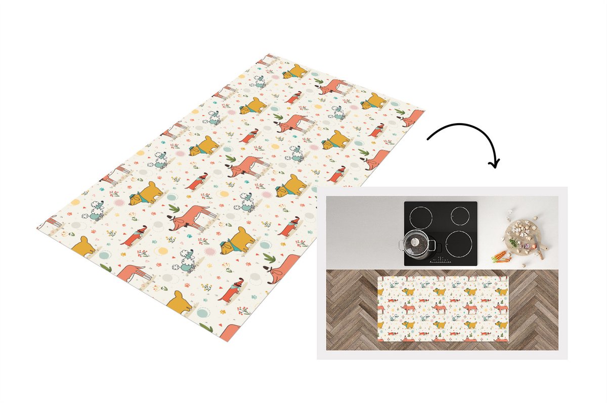 KitchenYeah Keukenloper - Loper keuken - Hond - Teckel - Patronen - Bloemen - 120x60 cm - Keukenloper vinyl Multicolor