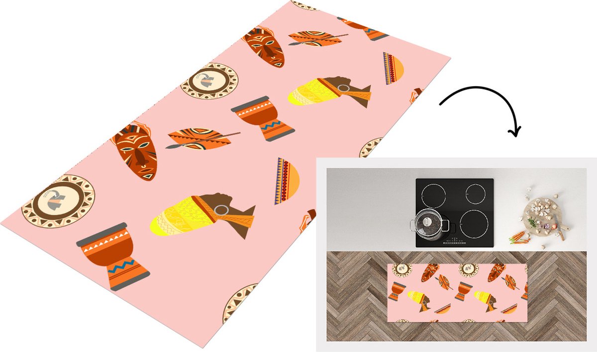KitchenYeah Keukenloper - Loper keuken - Afrika - Djembé - Patronen - Afrikaanse maskers - 120x50 cm - Keukenloper vinyl Multicolor
