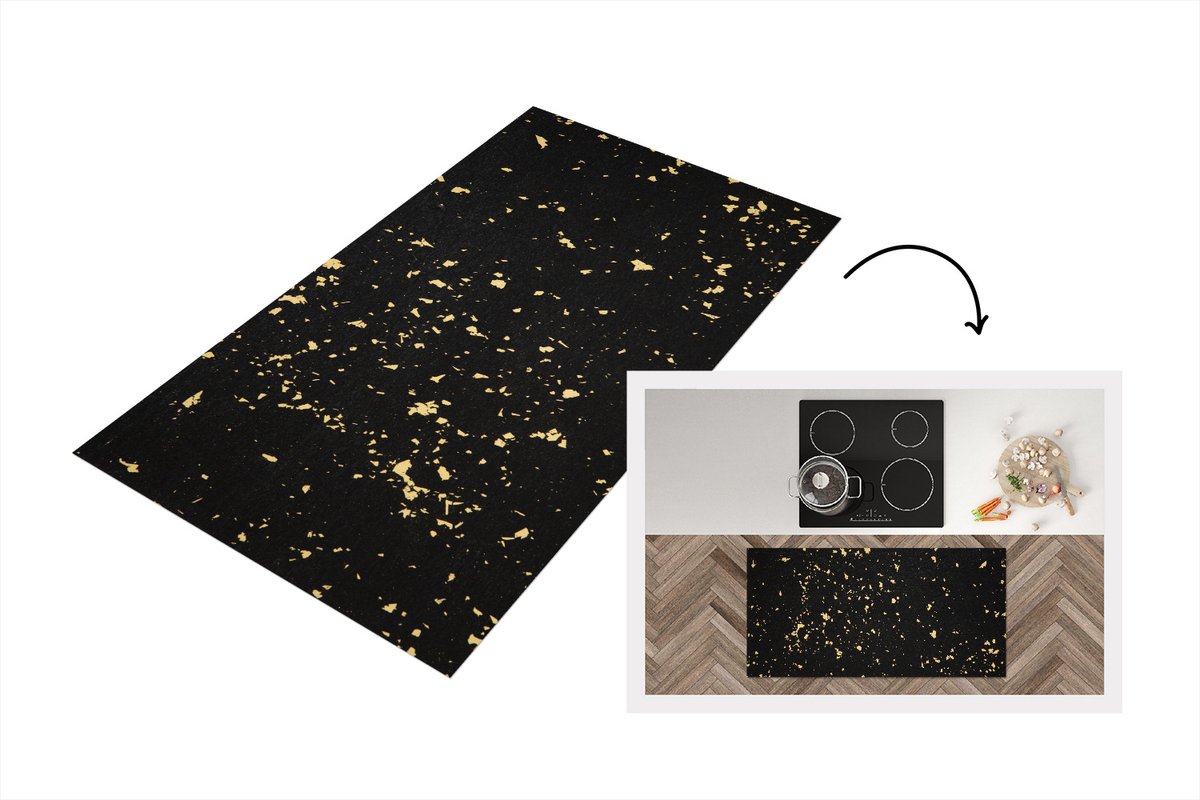 KitchenYeah Keukenloper - Loper keuken - Gouden vlokken op een zwarte achtergrond - 120x60 cm - Keukenloper vinyl Multicolor