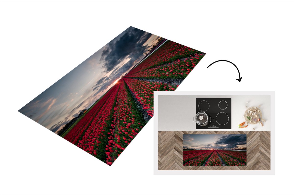 KitchenYeah Keukenloper - Loper keuken - Een rood tulpenveld in het noordoosten van Nederland - 120x60 cm - Keukenloper vinyl Multicolor