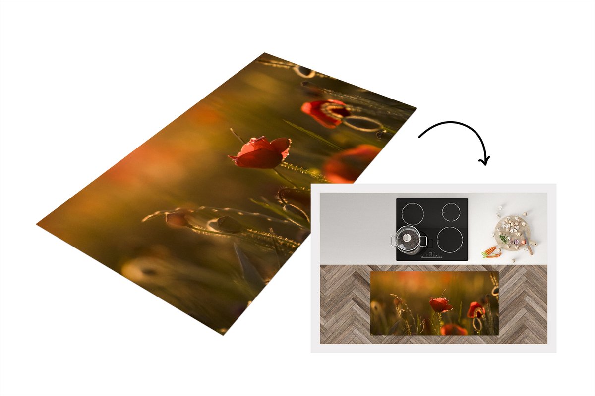 KitchenYeah Keukenloper - Loper keuken - Klaproos - Zonsondergang - Goud - 120x60 cm - Keukenloper vinyl Multicolor