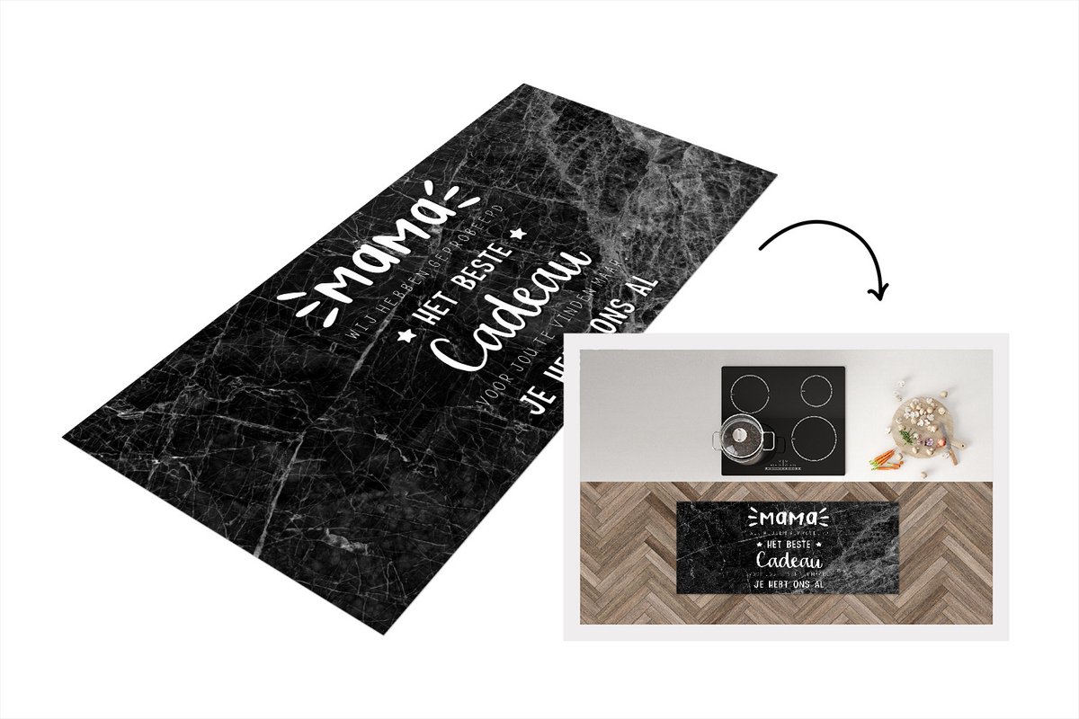 KitchenYeah Keukenloper - Loper keuken - Spreuken - Quotes Mama Je Hebt Ons Al - Kinderen - Marmer - Moeder cadeau - zwart wit - 120x50 cm - Keukenloper vinyl Zwart; Wit