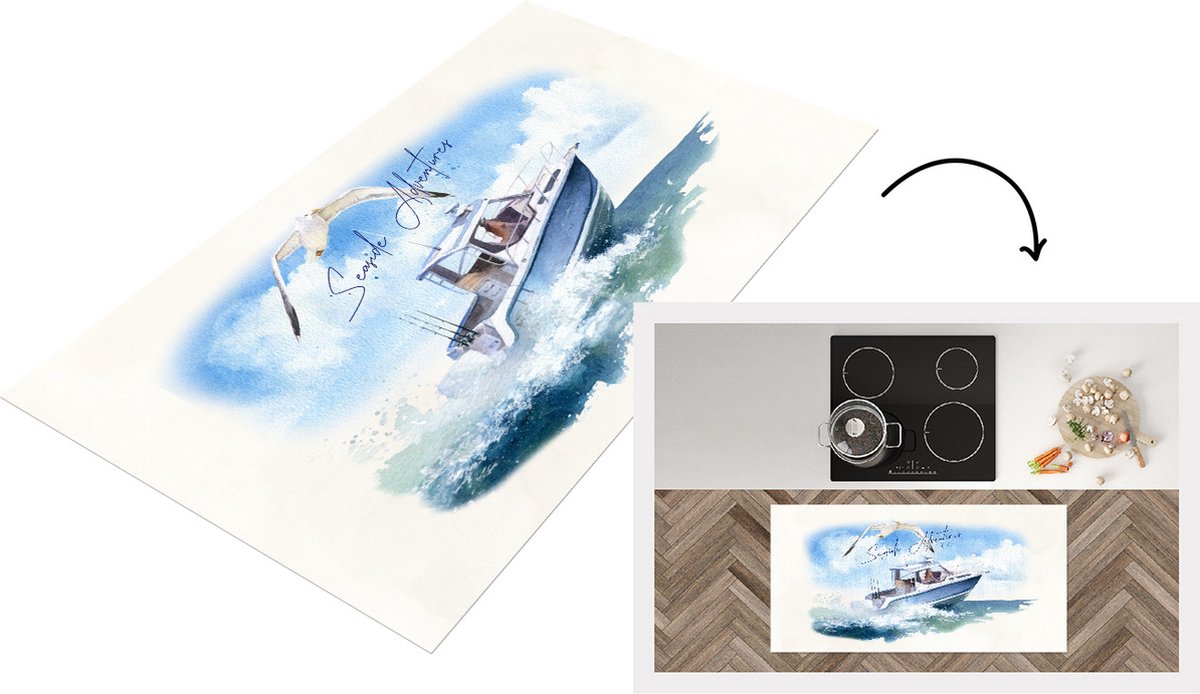 KitchenYeah Keukenloper - Loper keuken - Boot - Vogel - Zee - 120x60 cm - Keukenloper vinyl Multicolor