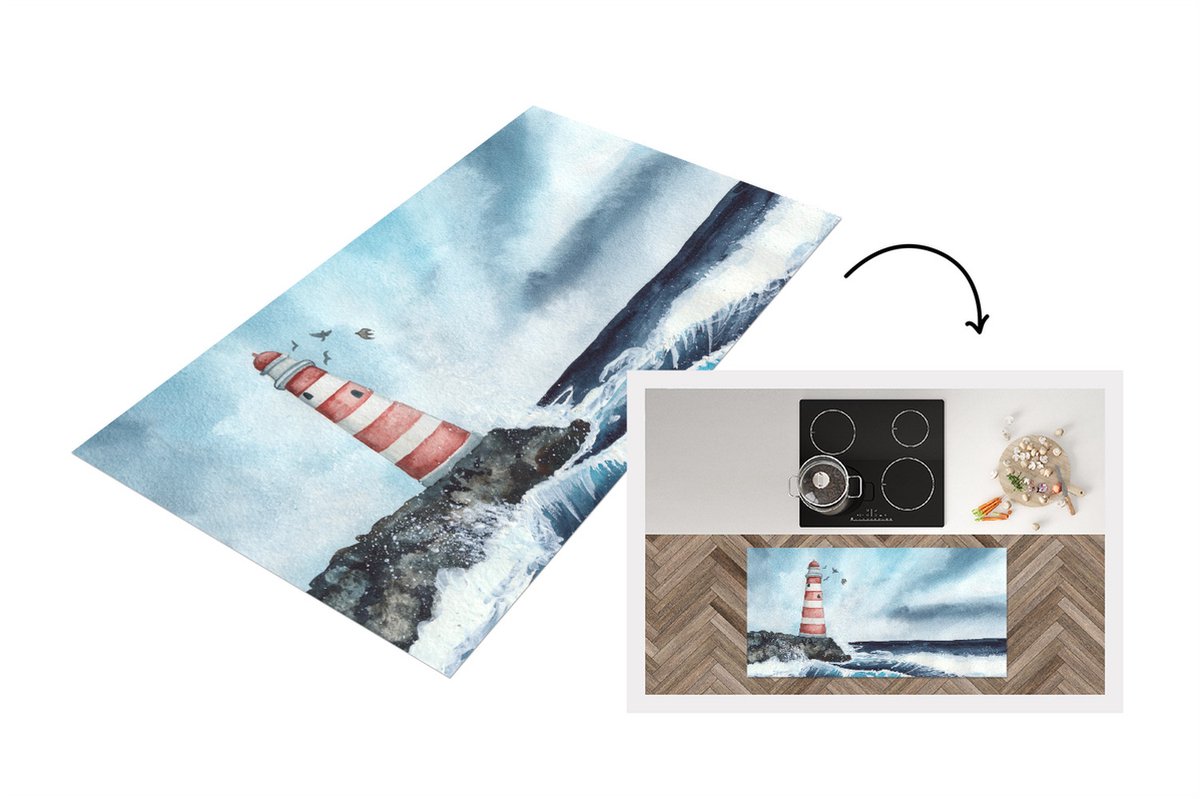 KitchenYeah Keukenloper - Loper keuken - Vuurtoren - Zee - Golf - 120x60 cm - Keukenloper vinyl Multicolor