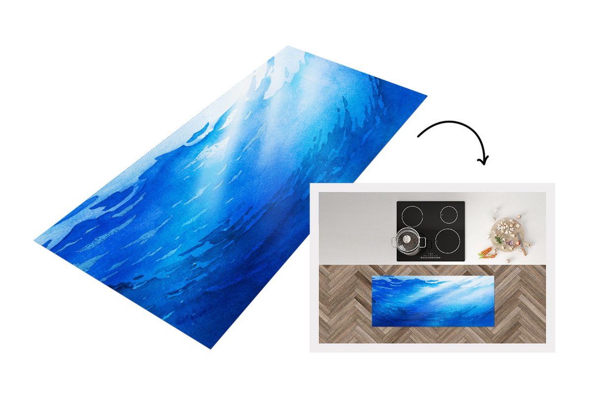 KitchenYeah Keukenloper - Loper keuken - Zee - Zon - Blauw - 120x50 cm - Keukenloper vinyl Multicolor