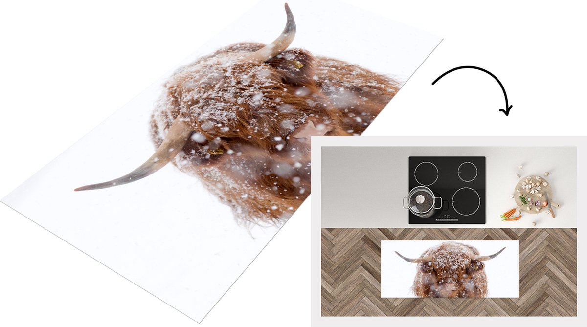 KitchenYeah Keukenloper - Loper keuken - Schotse Hooglander - Horens - Sneeuw - 120x50 cm - Keukenloper vinyl Multicolor
