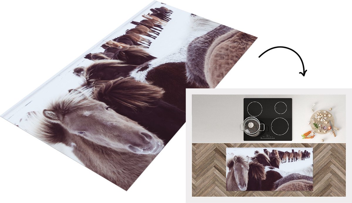 KitchenYeah Keukenloper - Loper keuken - Paarden - Sneeuw - IJslander - 120x60 cm - Keukenloper vinyl Multicolor