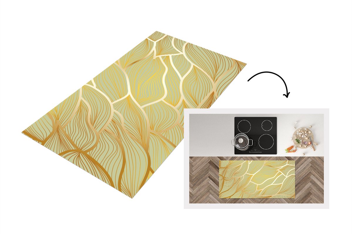 KitchenYeah Keukenloper - Loper keuken - Gouden golven op een groene achtergrond - 120x60 cm - Keukenloper vinyl Multicolor