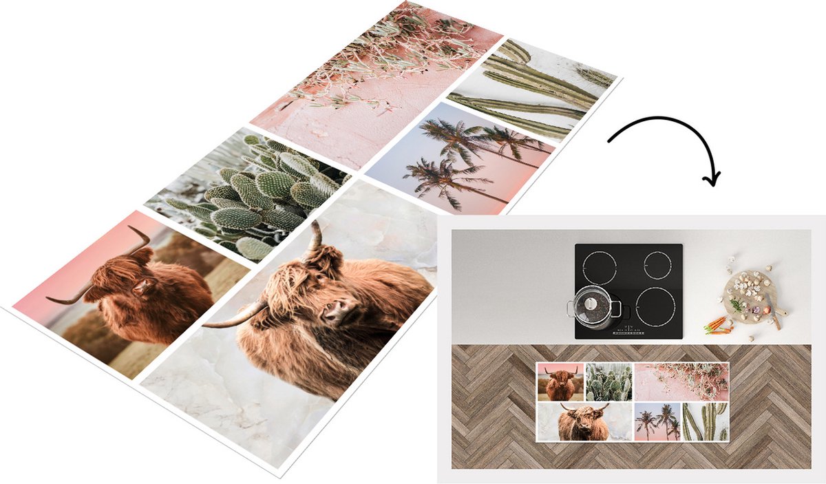 KitchenYeah Keukenloper - Loper keuken - Schotse hooglander - Pastel - Vetplant - Keukenloper vinyl Multicolor