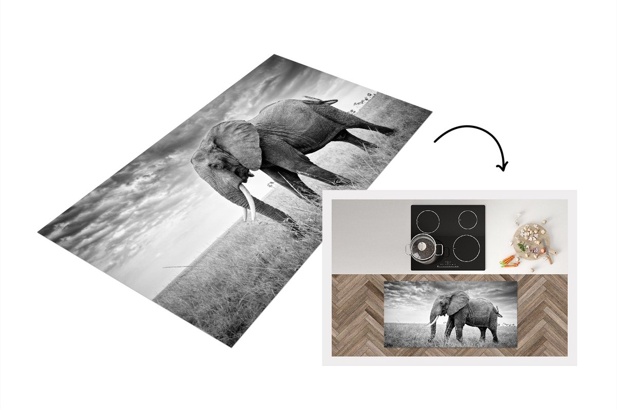 KitchenYeah Keukenloper - Loper keuken - Olifant op de vlakte in zwart-wit - 120x60 cm - Keukenloper vinyl Zwart; Wit