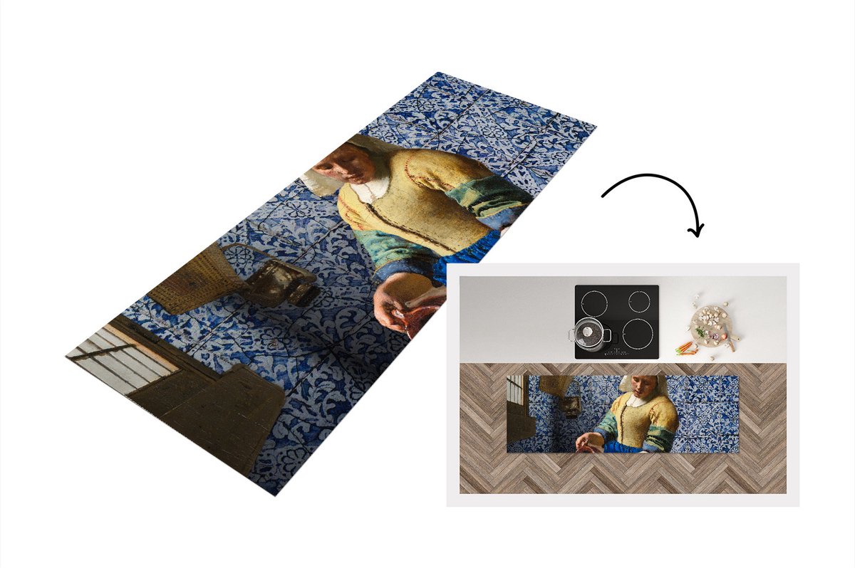 KitchenYeah Keukenloper - Loper keuken - Melkmeisje - Delfts Blauw - Vermeer - 150x50 cm - Keukenloper vinyl Multicolor