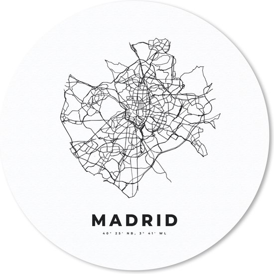 Muismat - Mousepad - Rond - Madrid - Plattegrond - Zwart Wit - 40x40 cm - Ronde muismat - Stadskaart